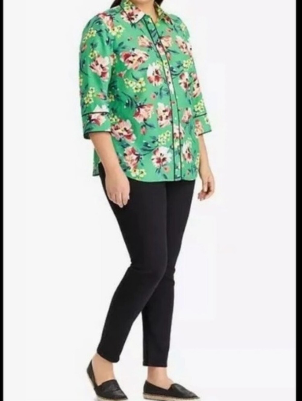 Lauren Ralph Lauren Green Floral Three Quarter Button Blouse - 2XL